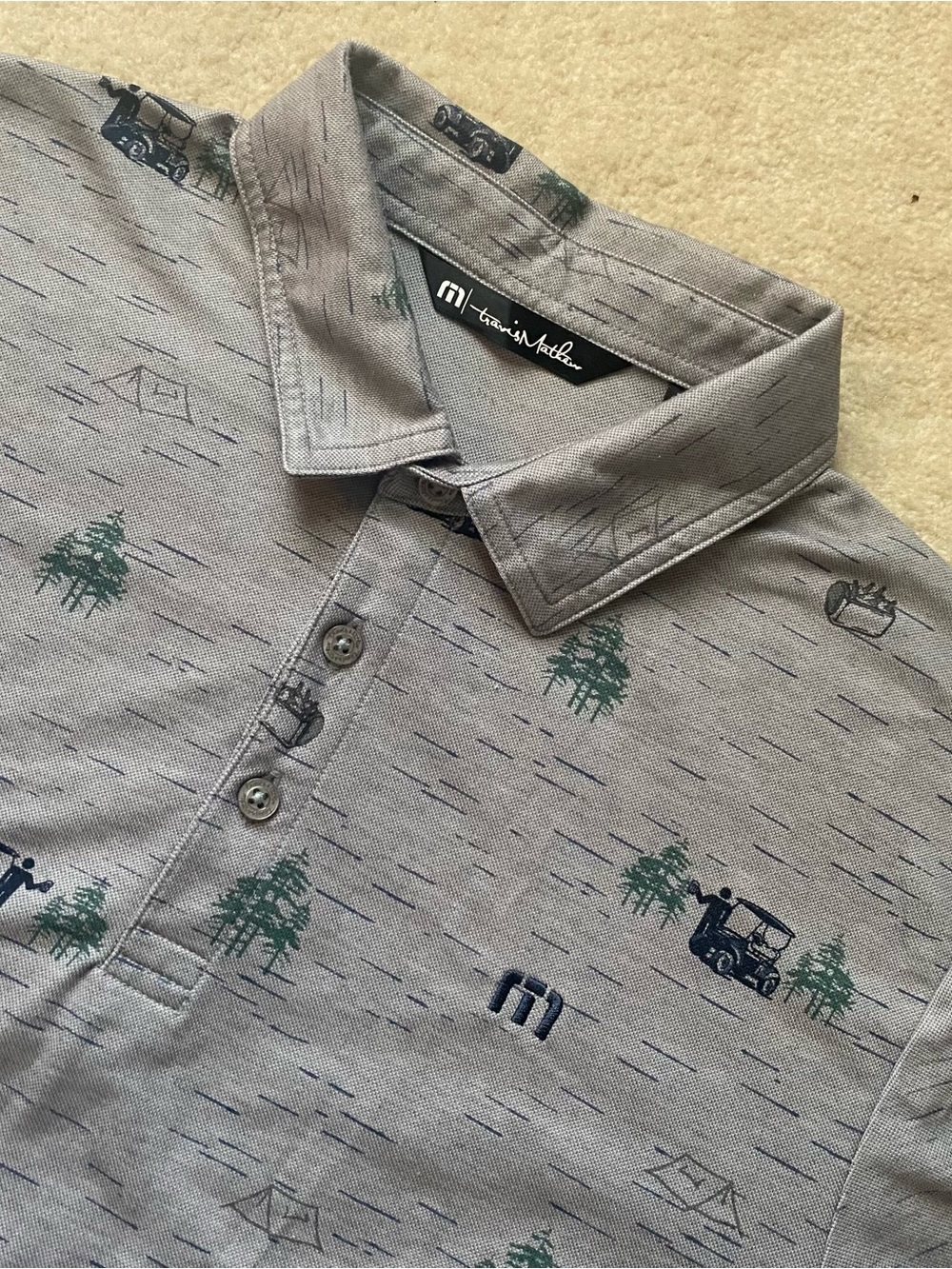 Travis Mathew Polo Shirt Mens Med Gray Camping Golf Cart AOP Performance Stretch